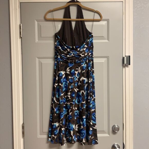 Donna Morgan Brown White Blue Rose Floral Halter Dress 8 - Picture 2 of 5